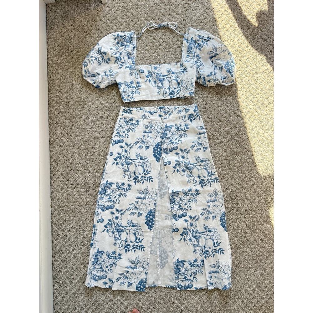 Reformation Jonas Linen 2 Piece Skirt Top Floral Sz 6 Blue White Set Resort - Picture 15 of 16